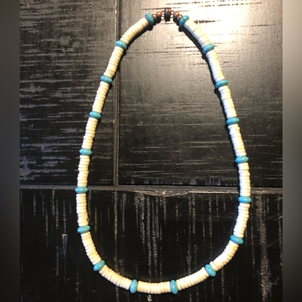 Handmade Turquoise (magnasite) and Puka Beaded Necklace with magnetic clasp